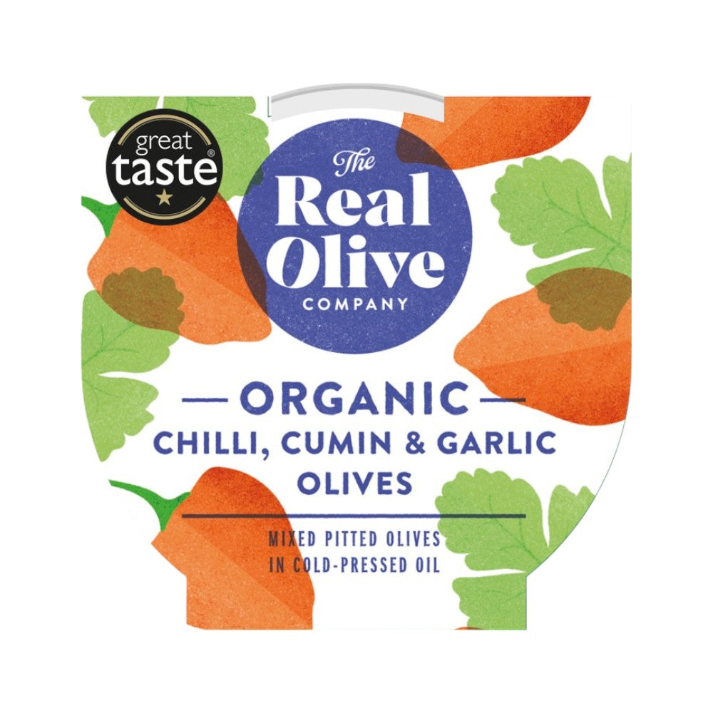Real Olive Co - Organic Chilli, Cumin and Garlic Pitted Olives (150g)