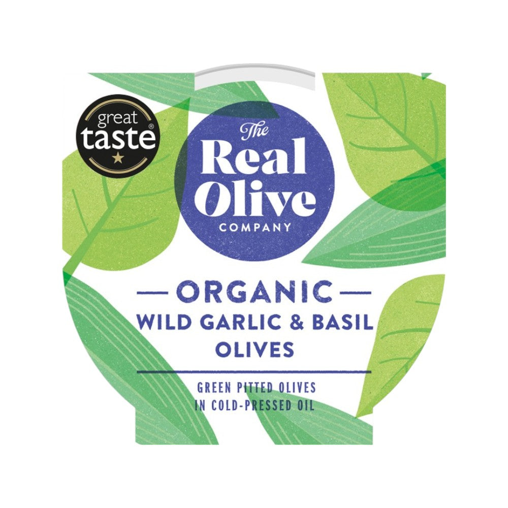 Real Olive Co - Organic Wild Garlic and Basil Pitted Olives (150g)
